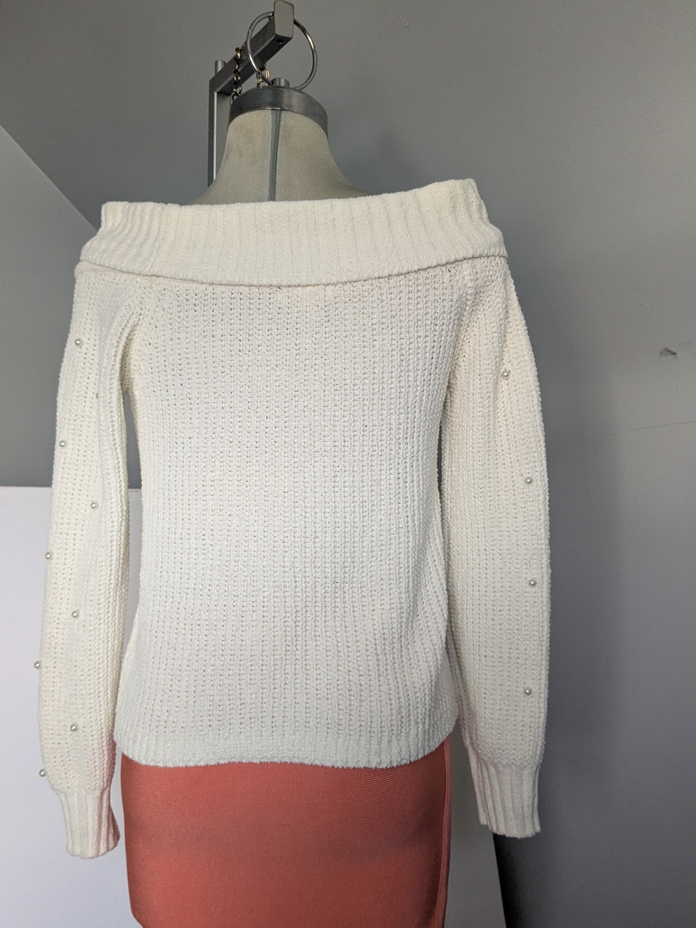 Derek Heart Cream Off-the-Shoulder Pearl Knit Sweater